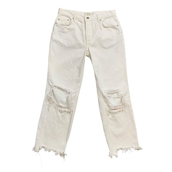 We The Free People Jeans Women 26 White Maggie Distressed Button Fly Busted Knee - Picture 1 of 16